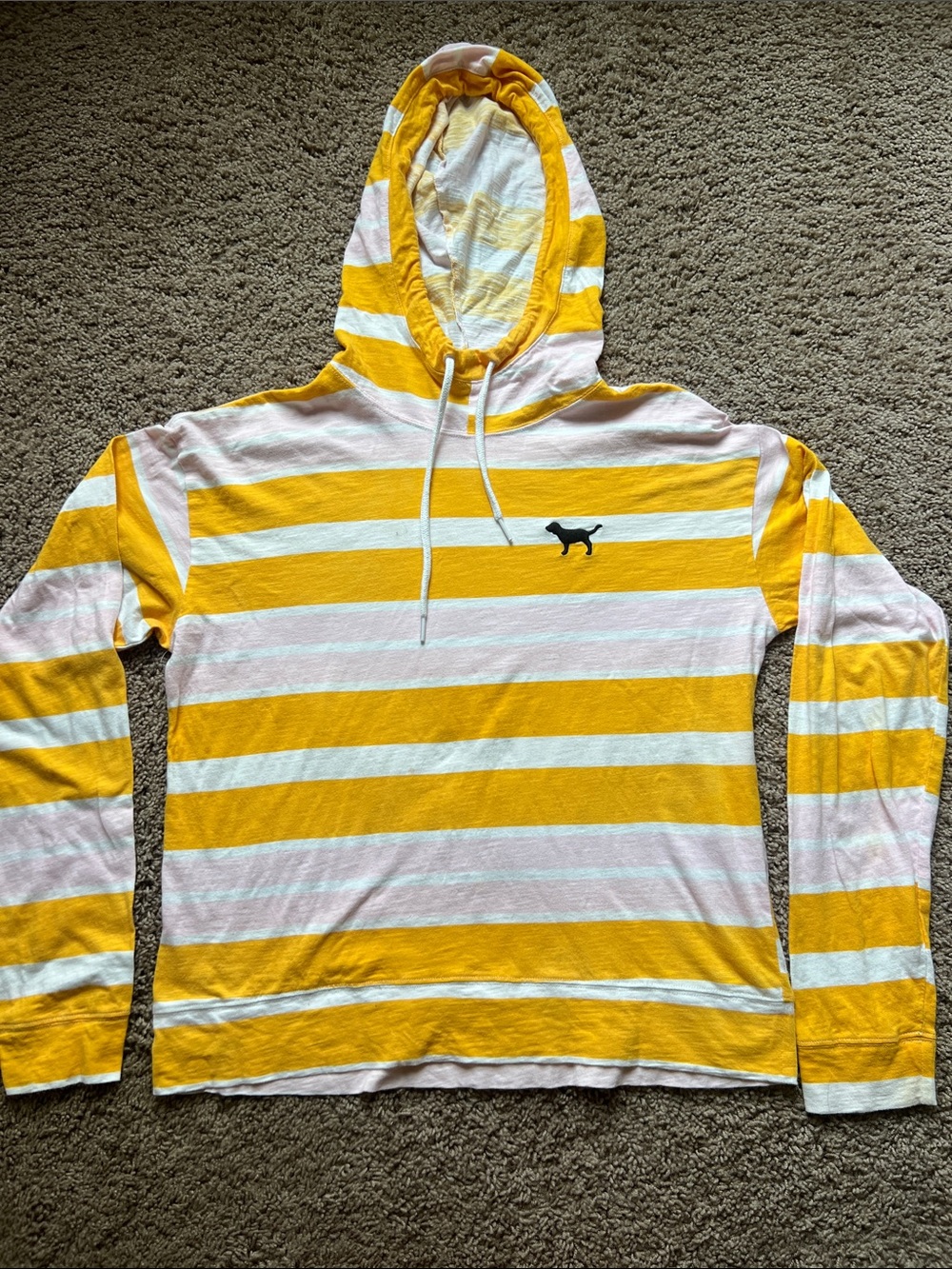 PINK lightweight Yellow & White Striped Hooded Top size medium